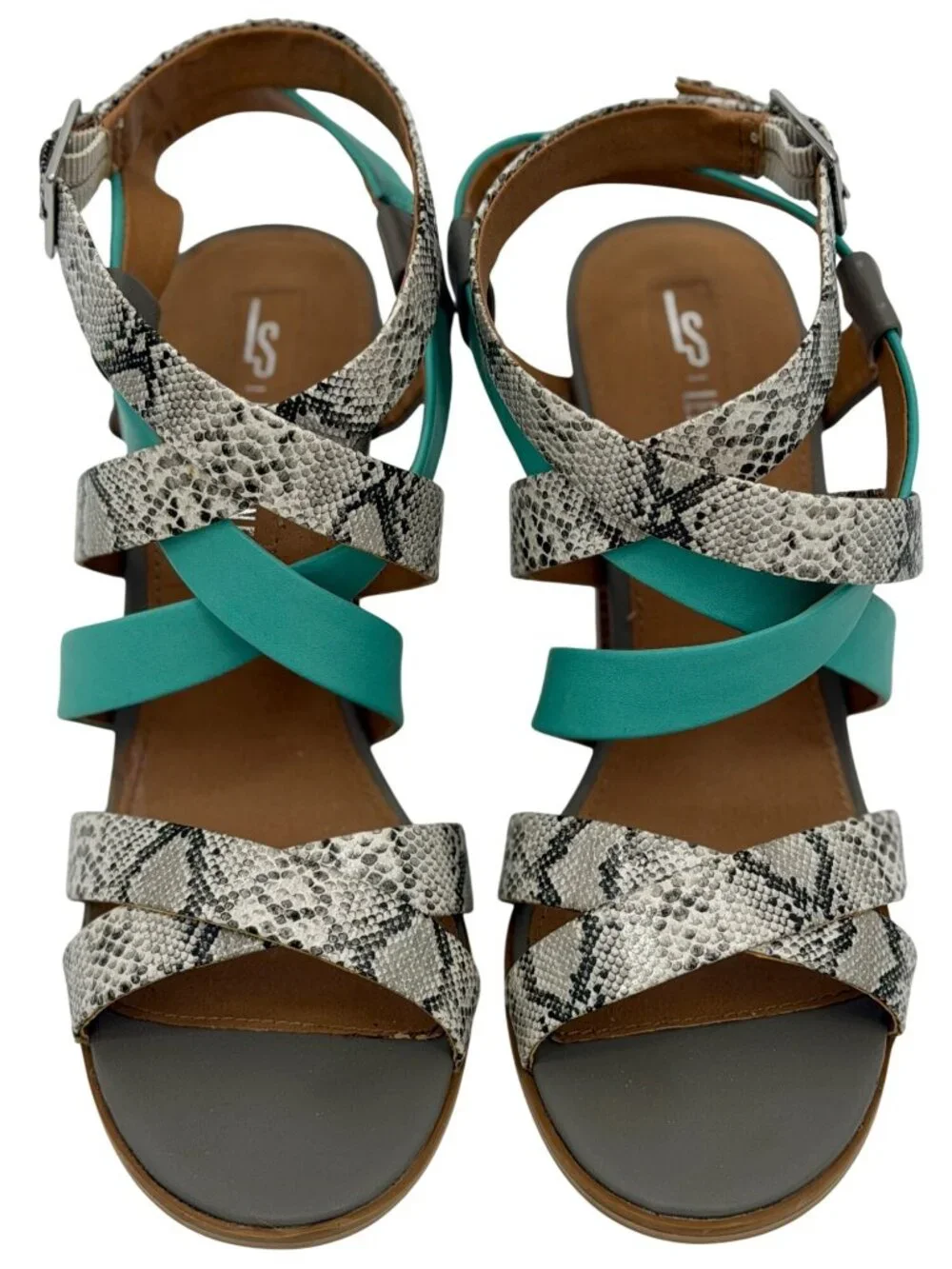 Leila Stone Seafoam Green Snake Print Strappy Heeled Sandals 9.5 | Indie Sleaze - Picture 11 of 16